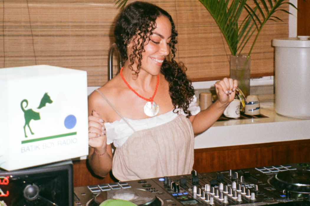 Person standing behind a DJ setup in a kitchen with plants and kitchenware around