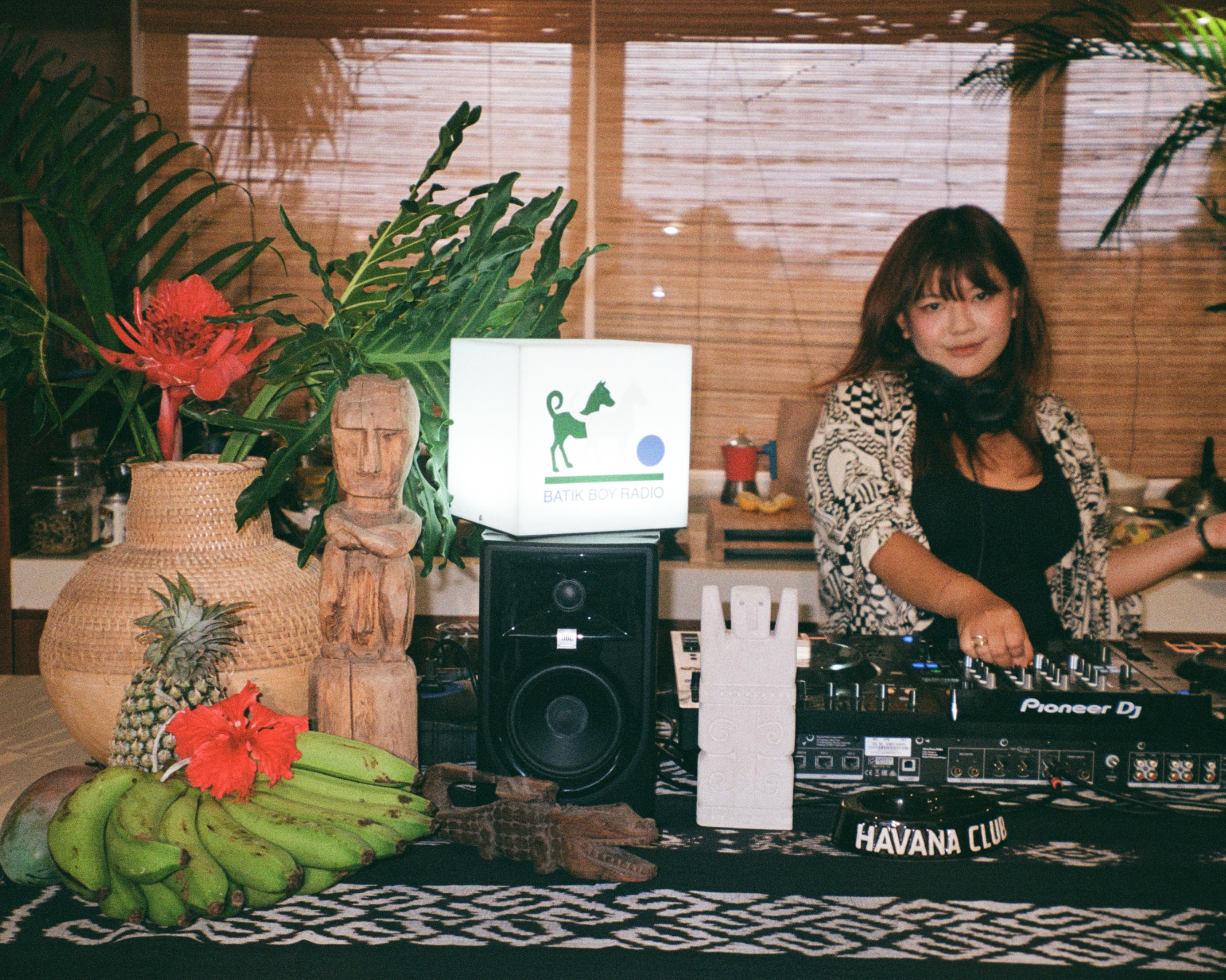 Person operating DJ equipment with plants and decor in the background