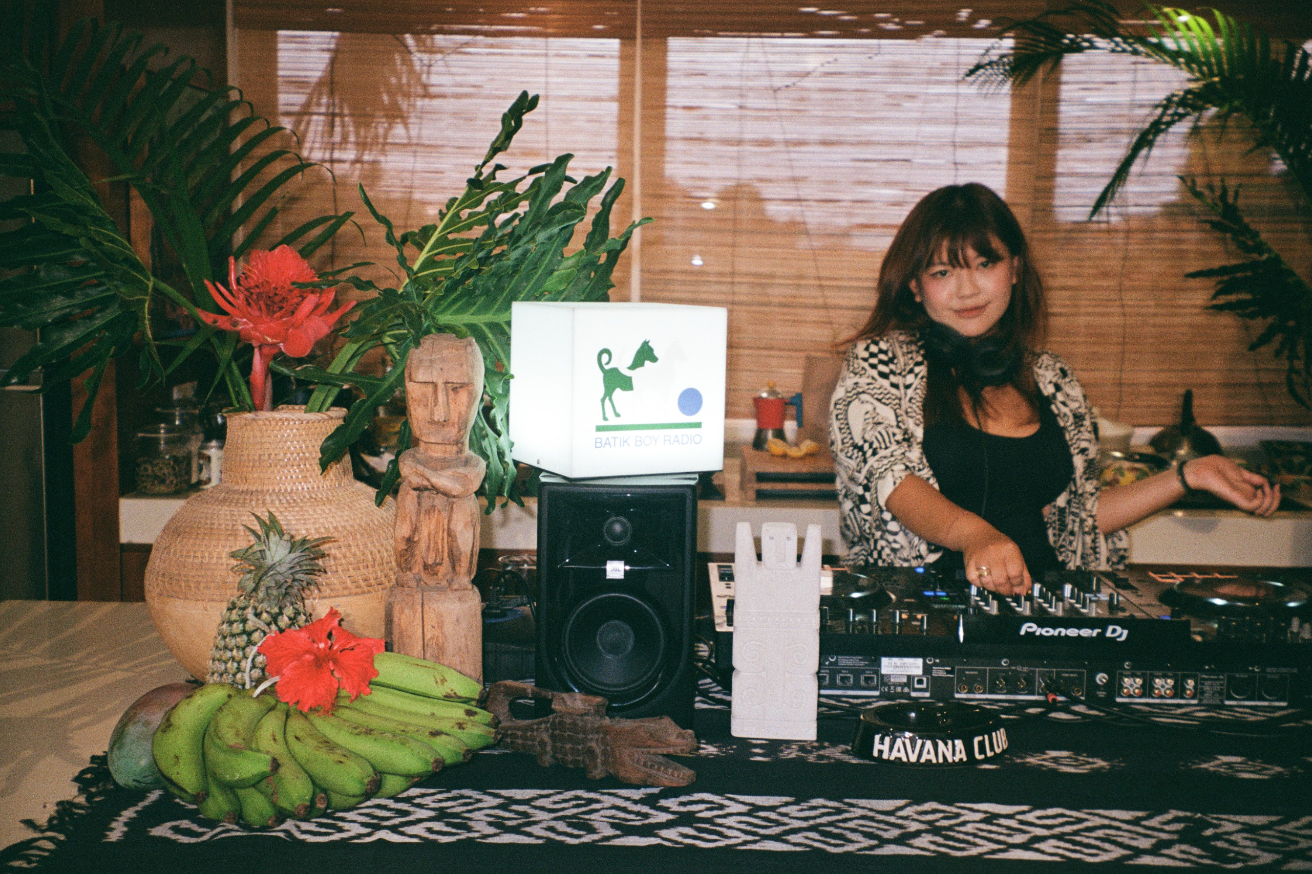Person operating DJ equipment with plants and decor in the background
