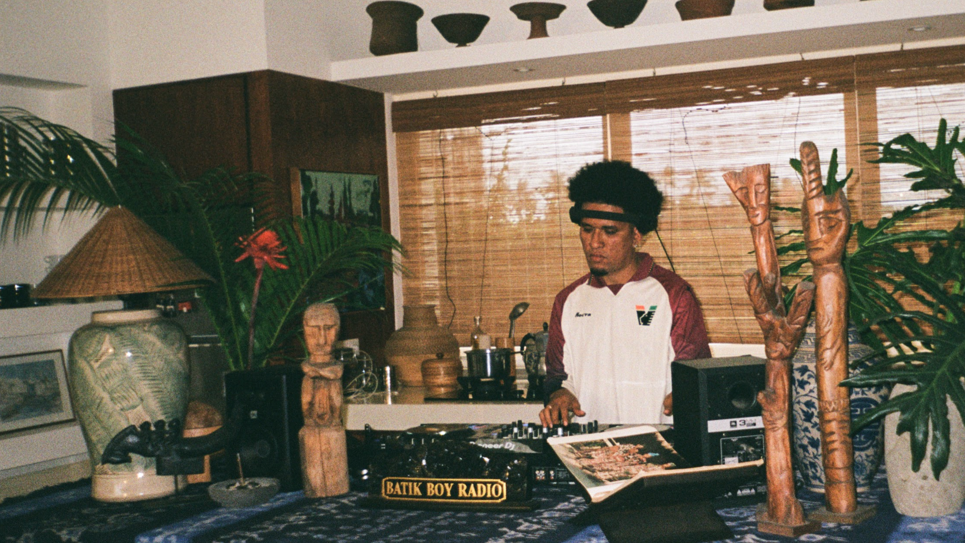 Person standing in a kitchen with decorative items and plants