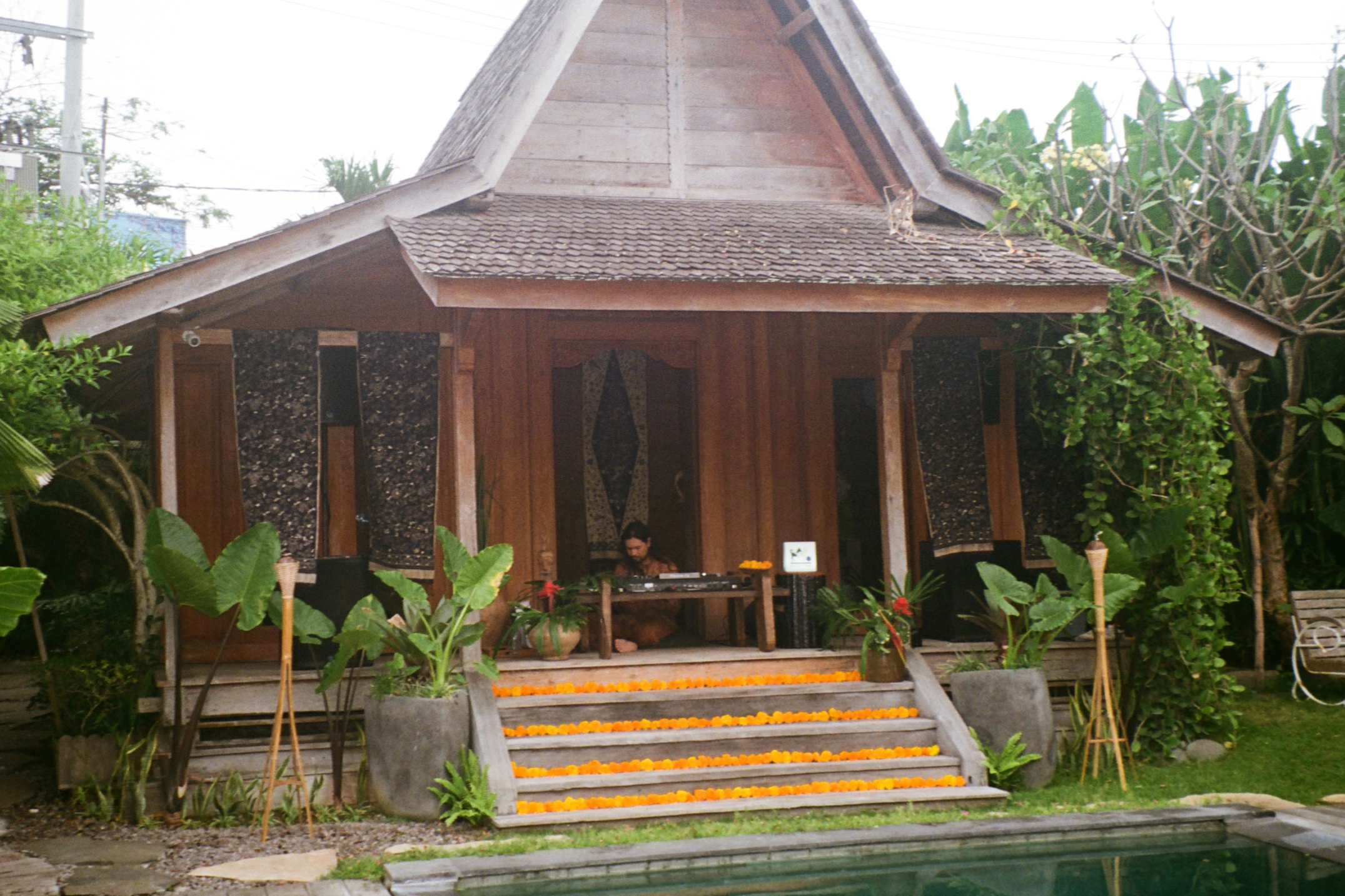 Wooden house with a pool and garden in a tropical setting
